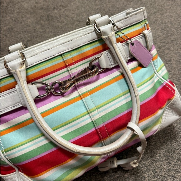 Coach Hampton Multicolor Canvas White Leather Trim Stripes Satchel Tote Bag - Picture 5 of 8